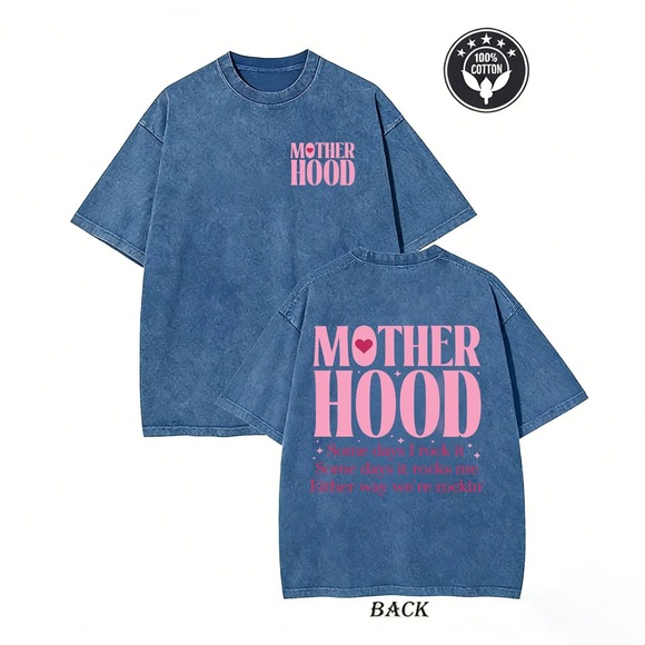 Freelect Tops - Freelect Motherhood Graphic T-Shirt Blue Mineral Wash Pink Text
